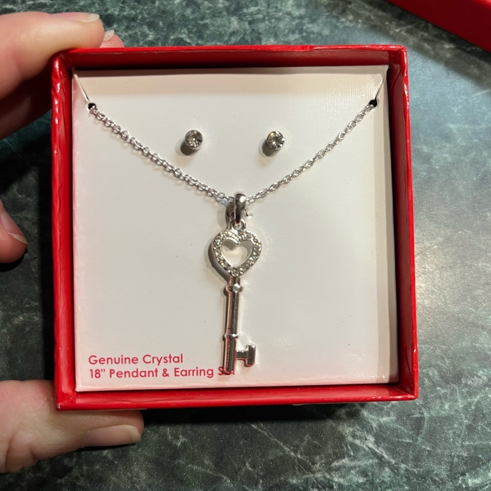 Silver Key Pendant Necklace and Earring Set